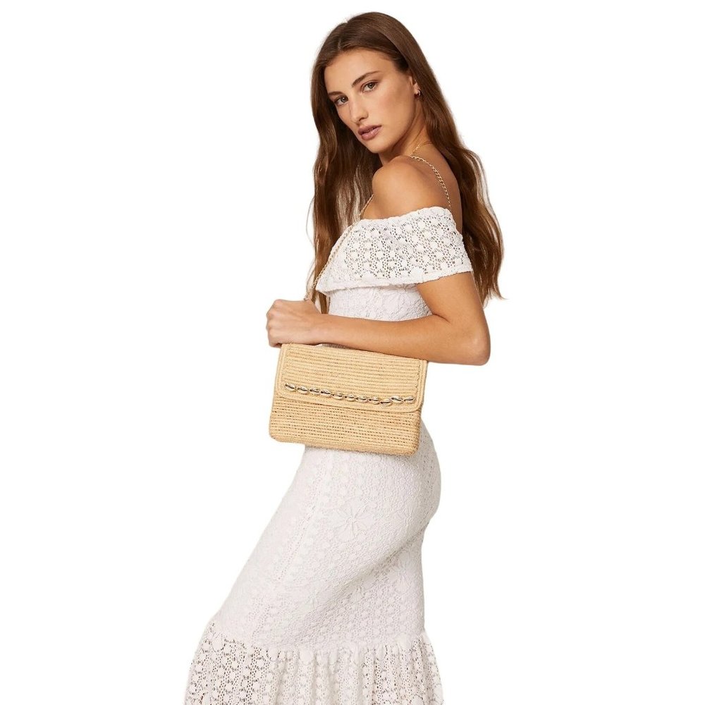 Poolside Gold Chain Raffia Clutch in Neutral Womens Crossbody Purse Bag